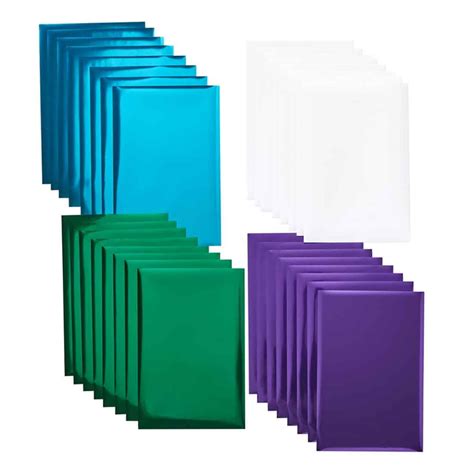Cricut Transfer Foil Sheets Sampler 10x15cm 24 sheets (Jewel); 24 sheets (3 colors, 8 each) 4" x 6" (10.1 cm x 15.2 cm) in Aqua, Purple, Emerald; Make your projects shine with stunning foil effects; Ideal for adding accents to cards, invitations, gift boxes & more; Optimized for Cricut Foil Transfer Tool; For Cricut Maker® & Cricut Explore® machines